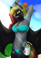 Size: 2894x4093 | Tagged: safe, artist:mantarwolf, oc, oc only, oc:caroline grind, species:anthro, species:bat pony, species:pony, anthro oc, armpits, bat pony oc, beauty mark, belly button, bikini, breasts, clothing, commission, fangs, female, gilf, mare, slit eyes, solo, swimsuit, ych result