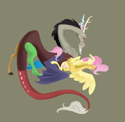 Size: 1365x1333 | Tagged: safe, artist:varwing, character:discord, character:fluttershy, species:draconequus, species:pegasus, species:pony, ship:discoshy, blushing, eye contact, female, floppy ears, hooves to the chest, looking at each other, male, mare, on back, shipping, simple background, smiling, spread wings, straight, wings