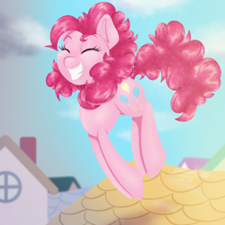 Size: 1350x1350 | Tagged: safe, artist:imaplatypus, character:pinkie pie, species:pony, episode:a friend in deed, g4, my little pony: friendship is magic, cute, diapinkes, eyes closed, female, house, pronking, roof, rooftop, scene interpretation, smile song, smiling, solo