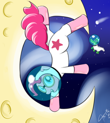 Size: 800x900 | Tagged: safe, artist:asajiopie01, character:gummy, character:pinkie pie, species:pony, episode:sparkle's seven, g4, my little pony: friendship is magic, astronaut pinkie, balancing, clothing, crescent moon, cute, diapinkes, duo, moon, on one hoof, signature, space, space helmet, space suit, tangible heavenly object, transparent moon