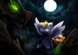 Size: 2339x1654 | Tagged: safe, artist:nutty-stardragon, oc, oc only, oc:serenity, oc:white feather, species:pegasus, species:pony, bruised, clothing, commission, forest, full moon, glowing eyes, green eyes, moon, night, open mouth, protecting, scarf, stars, timber wolf, tree