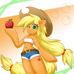 Size: 2000x2000 | Tagged: safe, artist:ragurimo, character:applejack, apple, applejack's cutie mark, arm hooves, bare shoulders, belly button, clothing, colored pupils, cute, cutie mark, female, food, jackabetes, semi-anthro, shorts, solo, tube top