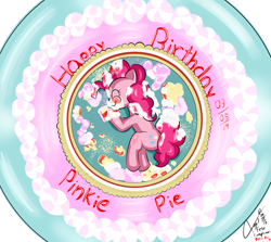 Size: 2800x2500 | Tagged: safe, artist:asajiopie01, character:pinkie pie, birthday cake, cake, eating, food, happy birthday, overeating