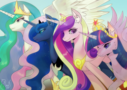 Size: 1280x905 | Tagged: safe, artist:renciel, character:princess cadance, character:princess celestia, character:princess luna, character:twilight sparkle, character:twilight sparkle (alicorn), species:alicorn, species:pony, alicorn tetrarchy, big crown thingy, crown, female, jewelry, mare, regalia, royal sisters