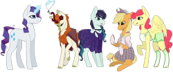 Size: 1936x808 | Tagged: safe, artist:sychia, character:applejack, character:autumn blaze, character:coloratura, character:rarity, character:strawberry sunrise, species:earth pony, species:kirin, species:pegasus, species:pony, species:unicorn, ship:applerise, ship:autumnjack, ship:rarajack, ship:rarijack, applejack gets all the mares, autumberry colorarijack, choker, clothing, commission, cowboy hat, dress, female, flower, flower in hair, freckles, gloves, glowing horn, harem, hat, interspecies, jewelry, lesbian, levitation, magic, mare, necklace, open mouth, plaid skirt, polo shirt, polyamory, poncho, raised hoof, shipping, shorts, simple background, sitting, skirt, socks, tank top, telekinesis, transparent background, wall of tags