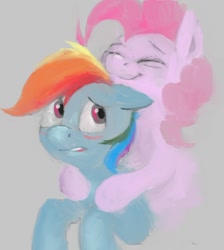 Size: 500x557 | Tagged: safe, artist:jellymaggot, character:pinkie pie, character:rainbow dash, species:earth pony, species:pegasus, species:pony, /mlp/, blushing, drawthread, eyes closed, female, mare, requested art, simple background, smelling, sniffing