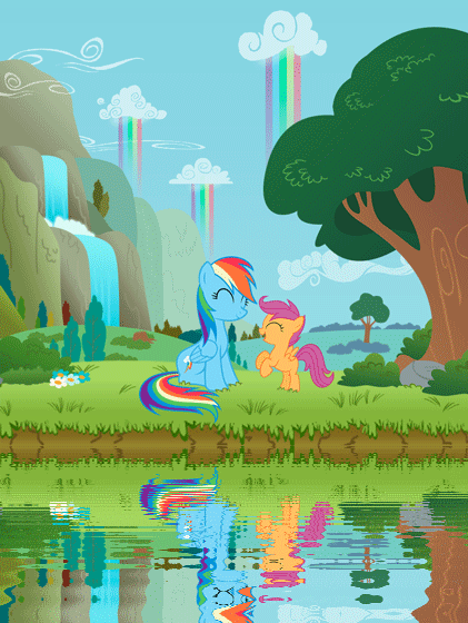 Size: 421x560 | Tagged: safe, artist:kennyklent, character:rainbow dash, character:scootaloo, species:pegasus, species:pony, animated, cloud, female, filly, grass, mare, mountain, reflection, scenery, scootalove, tree, water, waterfall