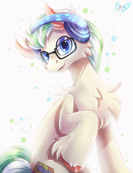 Size: 2300x3000 | Tagged: safe, artist:alexbluebird, oc, oc only, oc:enigma, species:earth pony, species:pony, chest fluff, glasses, headphones, hoof fluff, looking at you, male, smiling, solo, stallion