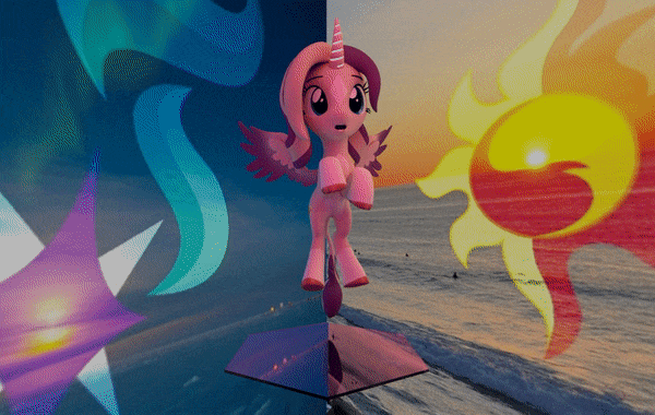 Size: 600x380 | Tagged: safe, artist:nebulafactory, character:starlight glimmer, character:sunset shimmer, character:twilight sparkle, oc, oc:shimmering spectacle, species:alicorn, species:pony, 3d, alicorn oc, amazed, animated, blender, cutie mark, flying, gif, glowing horn, hexagon, horn, magical lesbian spawn, magical threesome spawn, offspring