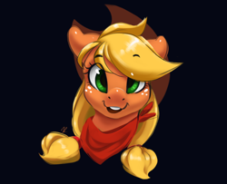 Size: 1600x1300 | Tagged: safe, artist:moondreamer16, character:applejack, species:earth pony, species:pony, alternate hairstyle, bandana, black background, bust, clothing, cowboy hat, cute, female, hat, jackabetes, looking at you, mare, pigtails, ponytail, simple background, smiling, solo, stetson, twintails