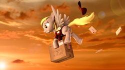Size: 3840x2160 | Tagged: safe, artist:psfmer, character:derpy hooves, species:pegasus, species:pony, episode:the point of no return, g4, my little pony: friendship is magic, 3d, box, cardboard box, carrying, cloud, dock, envelope, female, flying, lens flare, mailmare, mare, package, plot, rear view, scene interpretation, solo, source filmmaker, sun, sunset, wings