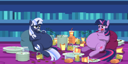 Size: 6000x3007 | Tagged: safe, artist:steampunk-brony, character:twilight sparkle, character:twilight sparkle (alicorn), oc, oc:silverlay, species:alicorn, species:pony, species:unicorn, adorafatty, belly, belly button, big belly, bloated, blushing, burger, cake, cushion, cute, eating, fat, female, food, jar, junk food, large belly, mare, messy eating, obese, ocbetes, overeating, plate, princess twilard, request, requested art, silvabetes, silverlard, sisters, sitting, soda, squishy, squishy belly, stomach noise, stuffed, that pony sure does love burgers, that pony sure does love cakes, twilard sparkle, twilight burgkle, umbra pony, weight gain