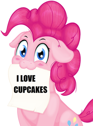 Size: 1100x1485 | Tagged: safe, artist:hardlugia, edit, editor:nightshadowmlp, character:pinkie pie, species:earth pony, species:pony, blue eyes, cupcake, cute, diapinkes, exploitable meme, female, floppy ears, food, looking at you, meme, paper, pink coat, pink mane, simple background, solo, template, that pony sure does love cupcakes, transparent background, you don't say