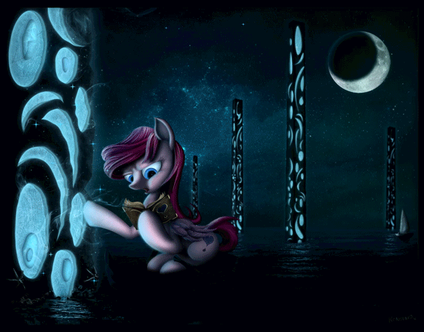Size: 614x480 | Tagged: safe, artist:konsumo, oc, oc:ink heart, species:pegasus, species:pony, animated, boat, detailed, detailed background, glow, magic, moon, night, ocean, single, solo, stars, water