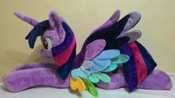Size: 3264x1836 | Tagged: safe, artist:masha05, character:twilight sparkle, character:twilight sparkle (alicorn), species:alicorn, species:pony, friendship is magic: rainbow roadtrip, g4, my little pony: friendship is magic, colored wings, female, irl, mare, photo, plushie, smiling, solo, toy, wing bling, wings