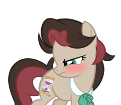 Size: 834x719 | Tagged: safe, artist:herfaithfulstudent, oc, oc only, oc:corellia, parent:doctor whooves, parent:roseluck, parents:doctorrose, species:earth pony, species:pony, blushing, bow tie, female, offspring, simple background, solo, vector