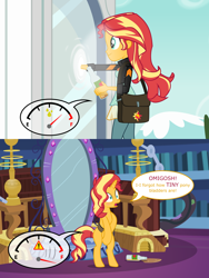 Size: 9000x12000 | Tagged: safe, artist:ithinkitsdivine, character:sunset shimmer, my little pony:equestria girls, absurd resolution, bag, bipedal, bladder gauge, blushing, bottle, comic, covering crotch, desperation, dialogue, female, need to pee, omigosh, omorashi, portal, potty emergency, potty time, show accurate, solo, spilled drink, twilight's castle