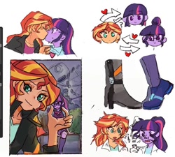 Size: 710x640 | Tagged: safe, artist:keeerooooo1, character:sunset shimmer, character:twilight sparkle, character:twilight sparkle (scitwi), species:eqg human, ship:scitwishimmer, ship:sunsetsparkle, my little pony:equestria girls, female, glasses, kissing, lesbian, love triangle, shipping, sunset twiangle