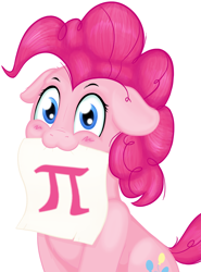 Size: 1100x1485 | Tagged: safe, artist:hardlugia, edit, character:pinkie pie, species:earth pony, species:pony, female, floppy ears, looking at you, math, meme, pi, pink coat, pink mane, pinkie pi, simple background, solo, transparent background, π