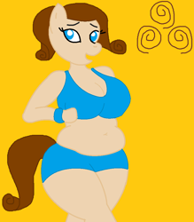 Size: 807x922 | Tagged: safe, artist:ponybaserequests, artist:sturk-fontaine, oc, oc only, oc:cinnamon swirl, species:anthro, species:earth pony, species:pony, anthro oc, belly button, big breasts, breasts, chubby, clothing, jogging, midriff, shorts, sports bra