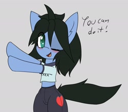 Size: 3000x2629 | Tagged: safe, artist:an-m, artist:exxie, oc, oc only, oc:reflect decrypt, species:pony, bike shorts, bipedal, clothing, dialogue, female, heart, mare, one eye closed, shirt, solo, wink