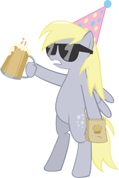 Size: 3967x5893 | Tagged: safe, artist:the-crusius, character:derpy hooves, species:pony, absurd resolution, bag, bipedal, cider, clothing, drink, hat, muffin, mug, paper bag, party hat, simple background, sunglasses, svg, transparent background, vector