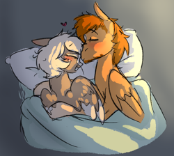 Size: 1062x953 | Tagged: safe, artist:sierra flyer, oc, oc:coffee creamtrain, oc:geartrain, species:pegasus, species:pony, bed, blushing, coffeetrain, cute, female, husband and wife, kissing, male, pillow, snuggling, wings
