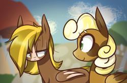 Size: 1103x721 | Tagged: safe, artist:kaywhitt, oc, oc only, oc:banana muffin, oc:maple muffin, species:pegasus, species:pony, looking at each other, market, marketplace