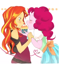 Size: 1878x2048 | Tagged: safe, artist:ku_rimo, character:pinkie pie, character:sunset shimmer, ship:sunsetpie, my little pony:equestria girls, blushing, clothing, cupcake, eating, eyes closed, female, food, lesbian, open mouth, shipping, simple background, white background