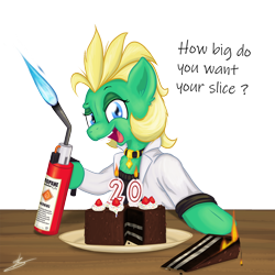 Size: 1200x1200 | Tagged: safe, artist:hardlugia, oc, oc only, oc:professor sugarcube, species:earth pony, species:pony, birthday, blowtorch, cake, clothing, collar, female, fire, food, lab coat, looking at you, open mouth, raised eyebrow, simple background, solo, text, transparent background