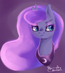Size: 1280x1445 | Tagged: safe, artist:voidsucre, character:princess luna, species:pony, abstract background, bust, ethereal mane, eyeshadow, female, galaxy mane, looking sideways, makeup, mare, missing accessory, peytral, solo