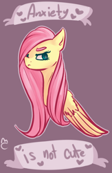 Size: 1156x1774 | Tagged: safe, artist:voidsucre, character:fluttershy, species:pegasus, species:pony, anxiety, banner, bust, female, hair over one eye, mare, mouthpiece, simple background, solo, text, upset