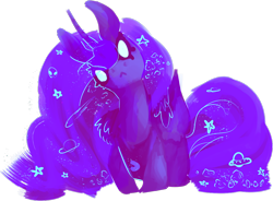 Size: 1052x773 | Tagged: safe, artist:voidsucre, character:princess luna, species:alicorn, species:pony, ethereal mane, eye clipping through hair, female, frown, galaxy mane, glowing eyes, head tilt, mare, missing accessory, peytral, prone, simple background, solo, transparent background