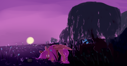 Size: 1280x670 | Tagged: safe, artist:voidsucre, character:fluttershy, species:pegasus, species:pony, cattails, drinking, female, lily pad, mare, moon, night, pond, solo, tree, water, weeping willow