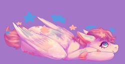 Size: 1280x659 | Tagged: safe, artist:voidsucre, character:fluttershy, species:pegasus, species:pony, alternate hairstyle, cloven hooves, commission, female, floppy ears, looking up, mare, prone, purple background, short hair, simple background, smiling, solo, stars