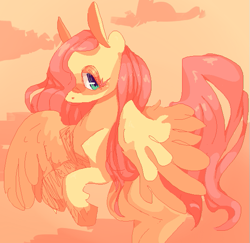 Size: 571x554 | Tagged: safe, artist:voidsucre, character:fluttershy, species:pegasus, species:pony, abstract background, blush sticker, blushing, female, flying, hair over one eye, looking at you, mare, pixel art, solo