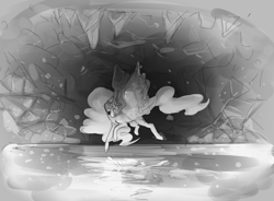Size: 1058x778 | Tagged: safe, artist:voidsucre, character:princess luna, species:alicorn, species:pony, cave, cavern, ethereal mane, female, flying, grayscale, lake, mare, monochrome, redraw, solo, spread wings, underground, wings