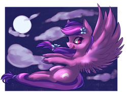 Size: 1280x928 | Tagged: safe, artist:voidsucre, oc, oc only, oc:moonlight blossom, species:pegasus, species:pony, blushing, cloud, female, flower, flower in hair, flying, mare, moon, night, open mouth, solo