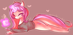 Size: 1280x617 | Tagged: safe, artist:voidsucre, oc, oc only, oc:sugar swirl, species:pony, species:unicorn, blushing, brown background, clothing, eyes closed, female, glowing horn, heart, horn, magic, mare, mug, prone, simple background, smiling, solo, sweater, telekinesis