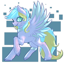 Size: 1280x1240 | Tagged: safe, artist:voidsucre, oc, oc only, species:pegasus, species:pony, abstract background, art trade, bracelet, female, jewelry, looking back, mare, peytral, raised hoof, solo, spread wings, wings