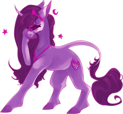 Size: 1280x1189 | Tagged: safe, artist:voidsucre, oc, oc only, oc:magic dream, species:pony, species:unicorn, blushing, bow, cloven hooves, curved horn, female, floppy ears, hair bow, horn, jewelry, leonine tail, mare, necklace, raised hoof, simple background, solo, stars, transparent background