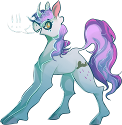 Size: 1280x1309 | Tagged: safe, artist:voidsucre, oc, oc only, species:pony, species:unicorn, curved horn, dialogue, dock, exclamation point, female, horn, looking at you, mare, open mouth, smiling, solo, speech bubble