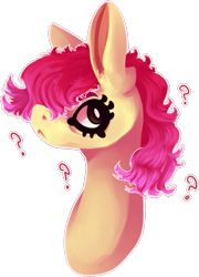 Size: 713x989 | Tagged: safe, artist:voidsucre, oc, oc only, oc:lightning hopper, species:pony, big ears, bust, female, frown, hair over one eye, mare, not apple bloom, question mark, simple background, solo, transparent background