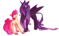 Size: 1280x772 | Tagged: safe, artist:voidsucre, oc, oc only, oc:lightning hopper, unnamed oc, species:alicorn, species:earth pony, species:pony, alicorn oc, cloven hooves, duo, female, floppy ears, leonine tail, long hair, looking at each other, mare, nervous, not apple bloom, raised hoof, scared, simple background, transparent background, wavy mouth