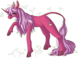 Size: 1280x951 | Tagged: safe, artist:voidsucre, oc, oc only, species:pony, species:unicorn, art trade, blushing, cloven hooves, female, floppy ears, leonine tail, mare, raised hoof, simple background, solo, transparent background