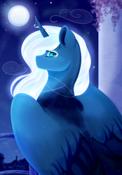 Size: 4800x6900 | Tagged: safe, artist:isorrayi, character:princess luna, species:alicorn, species:pony, bust, cloud, cute, ethereal mane, facing away, female, glowing mane, lunabetes, mare, moon, night, portrait, profile, solo, stars