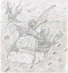 Size: 830x892 | Tagged: safe, artist:smt5015, species:deer, airship, boat, cloud, crossbow, elaphogriff, grayscale, helmet, leather armor, monochrome, original species, pencil drawing, ship, skull, spear, traditional art, weapon