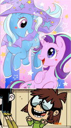 Size: 1274x2296 | Tagged: safe, artist:kumikoponylk, edit, editor:mega-poneo, character:starlight glimmer, character:trixie, species:pony, species:unicorn, ship:startrix, cape, clothing, crossover, cute, diatrixes, female, glimmerbetes, hat, lesbian, lisa loud, lucy loud, meme, shipping, smiling, the loud house, trixie's cape, trixie's hat