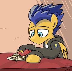 Size: 1104x1080 | Tagged: safe, artist:coaldustthestrange, character:flash sentry, species:pegasus, species:pony, clothing, eating, equestria girls outfit, food, male, pasta, plate, solo, spaghetti, sweatshirt, table