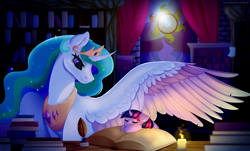 Size: 5300x3200 | Tagged: safe, artist:isorrayi, character:princess celestia, character:twilight sparkle, species:alicorn, species:pony, species:unicorn, book, bookshelf, candle, colored wings, curved horn, cute, cutelestia, female, filly, filly twilight sparkle, horn, inkwell, momlestia, multicolored wings, quill, sleeping, spread wings, wings, younger